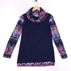 12PM by Mon Ami Aztec Print Cowl Neck Tunic Top Small Navy Boho Fall Cozy